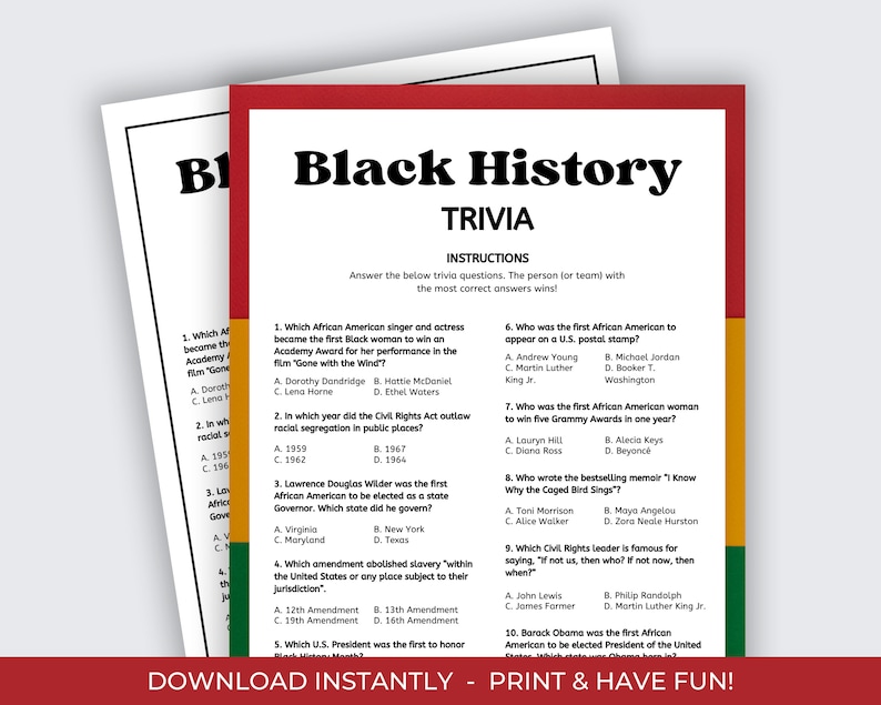 Black History Trivia Game, Printable Black History Month Activity for