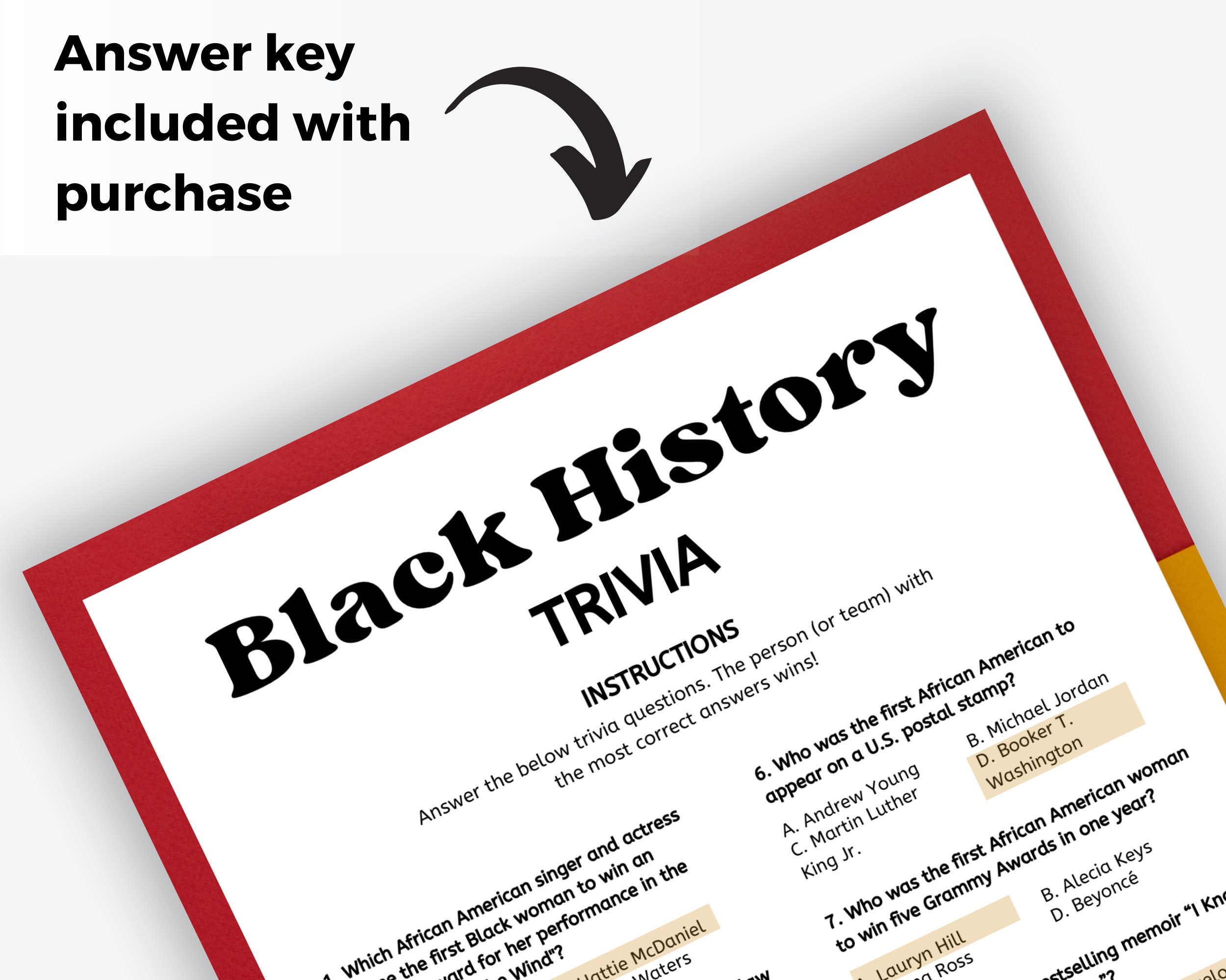 Black History Trivia Game, Printable Black History Month Activity for