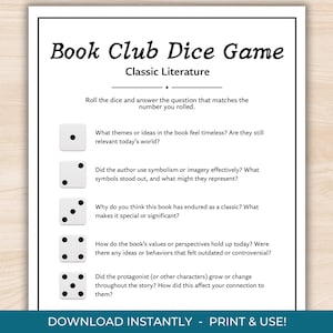 古典文学の本のための読書クラブ ダイス ゲーム、印刷可能な読書クラブ アクティビティ、読書クラブ ディスカッション、英語教師用リソース
