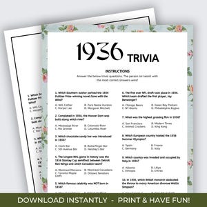 May include: A trivia game sheet titled "1936 Trivia" with a floral border. The sheet contains trivia questions about the year 1936. The text "DOWNLOAD INSTANTLY - PRINT & HAVE FUN!" is at the bottom of the sheet.