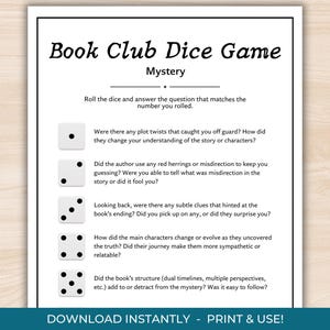ミステリー本のための読書クラブ ダイス ゲーム、印刷可能な読書クラブ アクティビティ、ミステリー 読書クラブ ゲーム、読書クラブ ディスカッション、教師用リソース