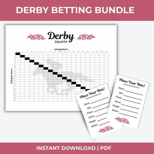 May include: Printable PDF download for a Derby squares game. The sheet includes a grid with numbers 1-20 and a horse silhouette. There is also a separate sheet for placing bets with fields for race, win, place, show, wager, and bettor.
