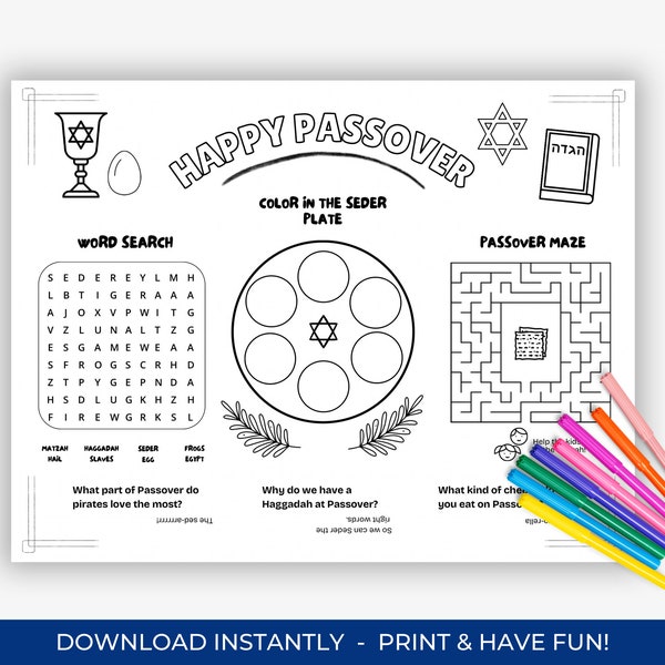 Passover Activity Sheet, Passover Games for Kids, Activity Placemat, Passover Coloring Sheet, Passover Word Search and Maze, Passover 2024