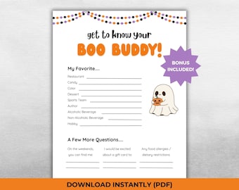 Boo Buddy Questionnaire, Printable Coworker Halloween Gift Exchange Survey, You've Been Booed (PDF)