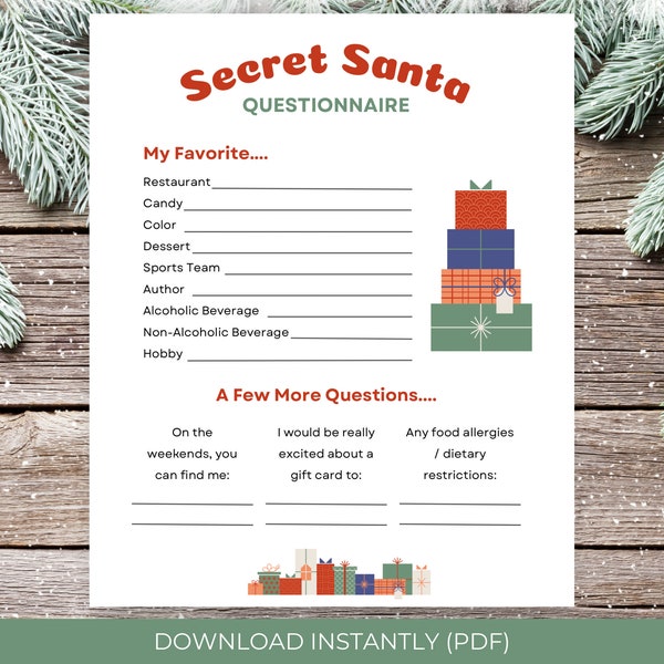 Secret Santa Questionnaire for Coworkers, Printable Secret Santa Form, Office Holiday Party, Work Secret Santa, Secret Santa Survey PDF