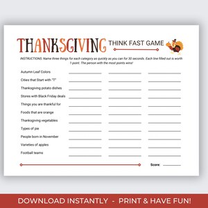 Thanksgiving Think Fast Game, Thanksgiving Games, Thanksgiving Dinner Activities, Friendsgiving Game, Family Thanksgiving Game, Kid Friendly