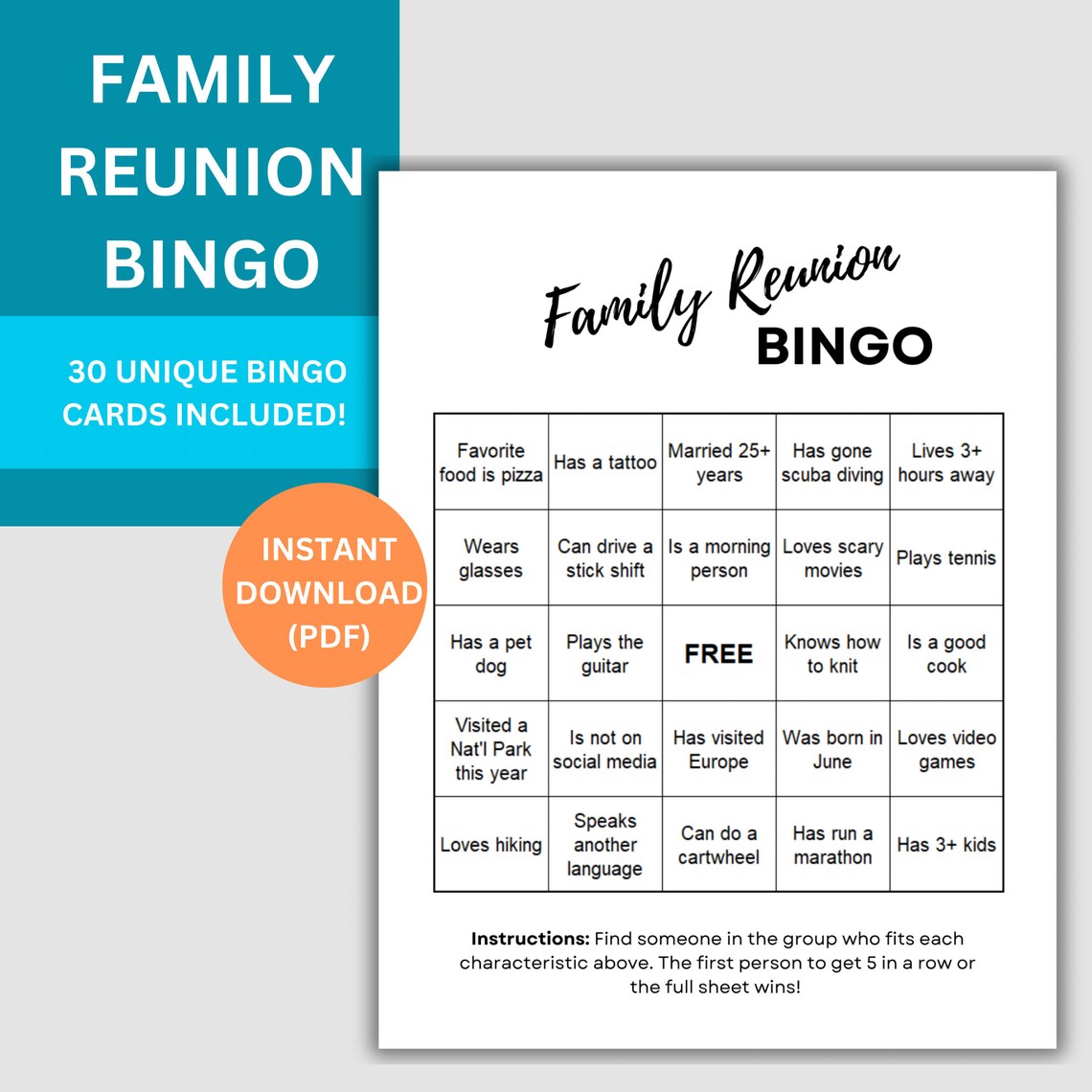 Family Reunion Bingo, Printable Family Reunion Games, Icebreaker Game ...