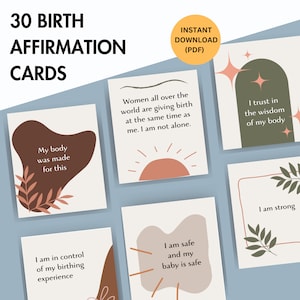 Conception bohème de cartes d'affirmation de naissance, affirmations imprimables, cadeau de baby shower, cadeau doula, accouchement à domicile, affirmations de travail, mantras positifs