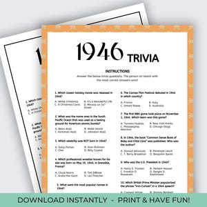 Puede incluir: Una hoja de juego de trivia "1946 Trivia" con preguntas sobre eventos de 1946. La hoja es naranja con un borde de copo de nieve e incluye respuestas de opción múltiple. El texto "¡DESCARGA AL INSTANTE - IMPRIME Y DIVIÉRTETE!" está en la parte inferior.