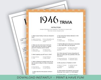 May include: A trivia game sheet with the title "1946 Trivia" in large black letters. The sheet has trivia questions about events from 1946, with multiple-choice answers. The sheet is orange with a snowflake border.