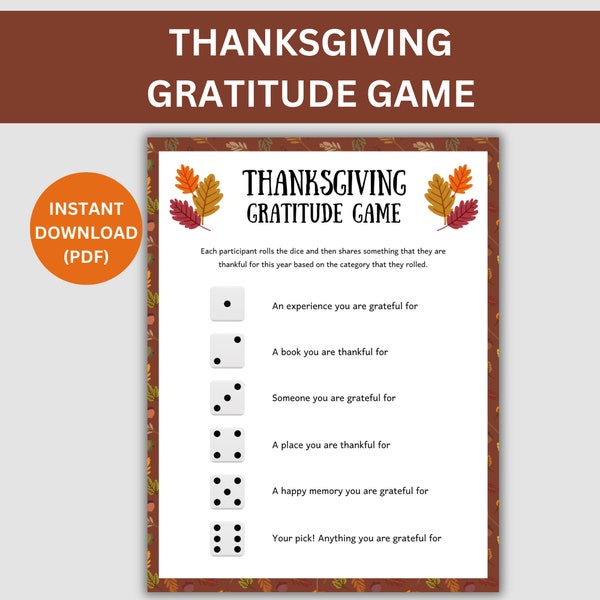 Thanksgiving Gratitude Game, Gratitude Dice Game, Friends Thanksgiving Game, Family Thanksgiving Game, Thanksgiving Dinner Activity