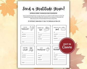 Gratitude Gram Fundraiser, Editable Canva Thanksgiving PTO/PTA Template, Gobble Gram Cards
