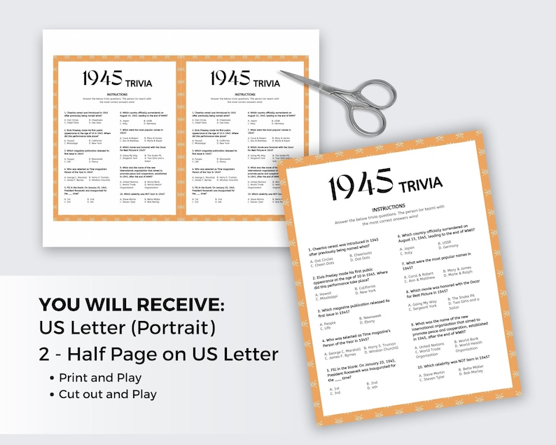 May include: Two printable pages of a 1945 trivia game. The game is formatted in a portrait orientation on US Letter size paper. The game includes questions about historical events that occurred in 1945.