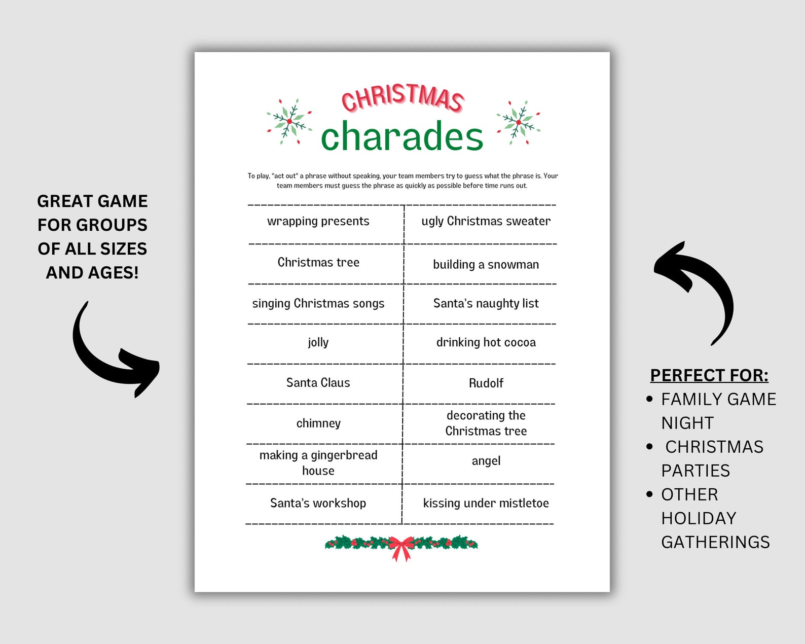 Christmas Charades Game, Printable Holiday Charades, Family Christmas