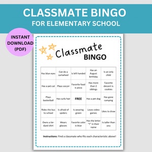 Classmate Bingo for Elementary School, Get to Know You for Classroom Game, Back to School Bingo, Printable Find the Classmate Activity