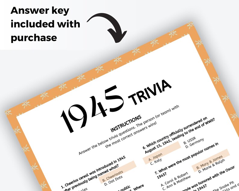 May include: A printable 1945 trivia game with instructions and questions. The game is on a peach background with white stars. The text on the game is black.