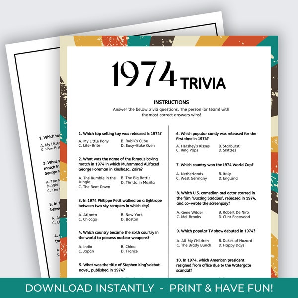 1974 Trivia Game, Born in 1974, 50th Birthday Game, 50th Anniversary, 50 Year Reunion Game, 1974 Fun Facts, Back in 1974, Class of 1974