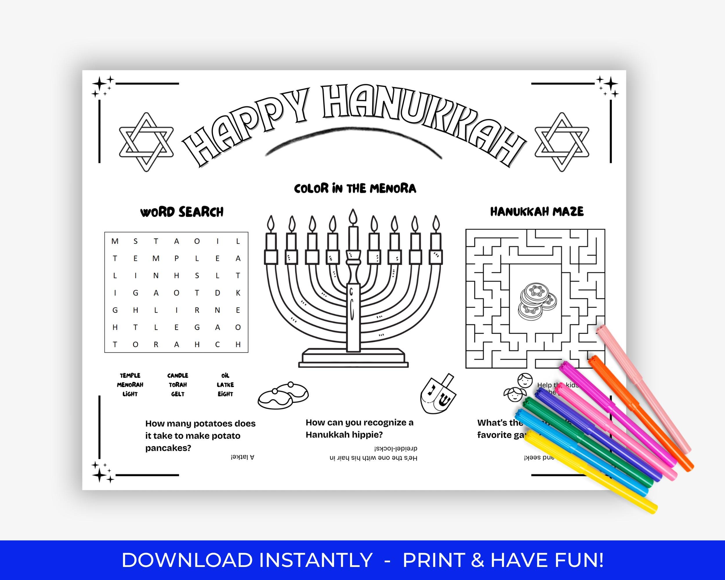 Hanukkah Activity Sheet: Kids Coloring Page, Maze, Word Search…