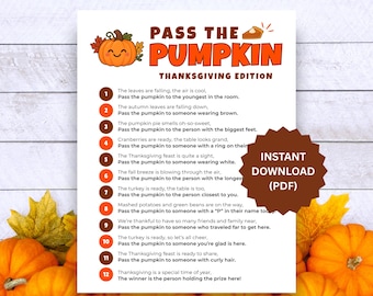 Pass the Pumpkin Thanksgiving Game, Friendsgiving Pass the Gift, Fall Pass the Prize Game (PDF)