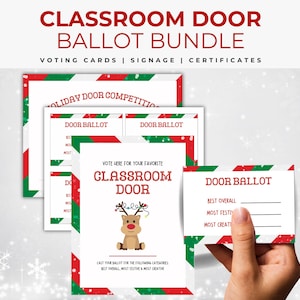May include: A bundle of classroom door ballot materials. The text "CLASSROOM DOOR BALLOT BUNDLE" is at the top. The bundle includes voting cards, signage, and certificates. The cards have red, green, and white borders and feature a reindeer graphic.