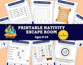 May include: A set of printable Nativity escape room puzzles for children aged 8-14. The image displays several puzzle sheets with tasks such as word searches, cryptograms, and maths problems, all themed around the Nativity story.