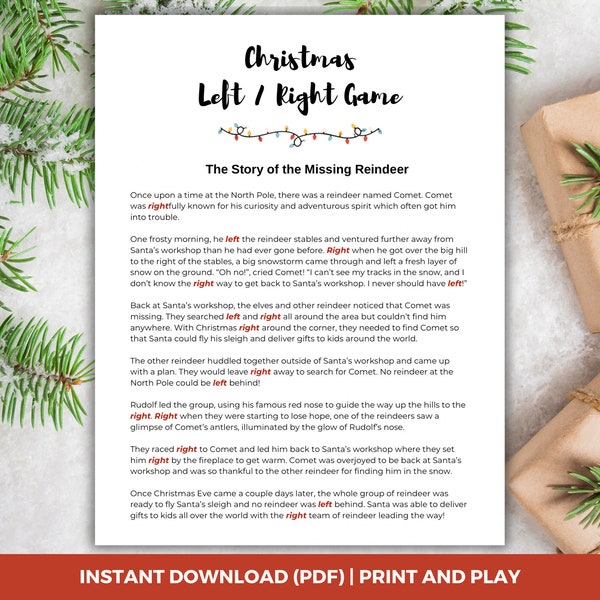 Left Right Christmas Game with Reindeer Story, Gift Exchange Game, White Elephant Game, Right Left Game, Left Right Pass the Prize Story