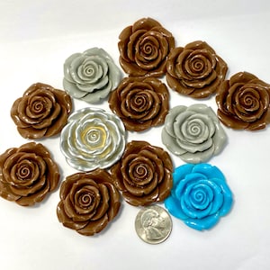 May include: An assortment of resin rose embellishments in various colors, including brown, gray, silver, and turquoise. The roses are arranged on a white surface, with a US quarter for size comparison. These decorative roses are ideal for craft projects.