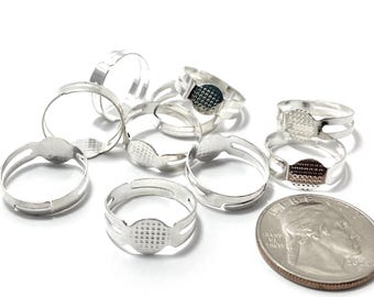 10 Adjustable Ring Blanks findings settings,Silver tone USA seller