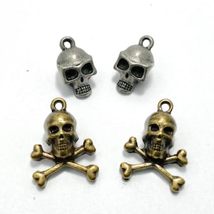 2 Crossbones Skull Charms Pewter Brass tone Pendants Jewelry making alloy Halloween Ships from USA