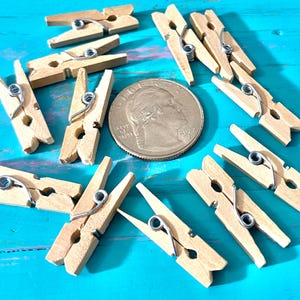 May include: A collection of small, natural wood clothespins with silver-colored metal springs. A U.S. quarter coin is included for size comparison. The clothespins are scattered on a bright turquoise surface.