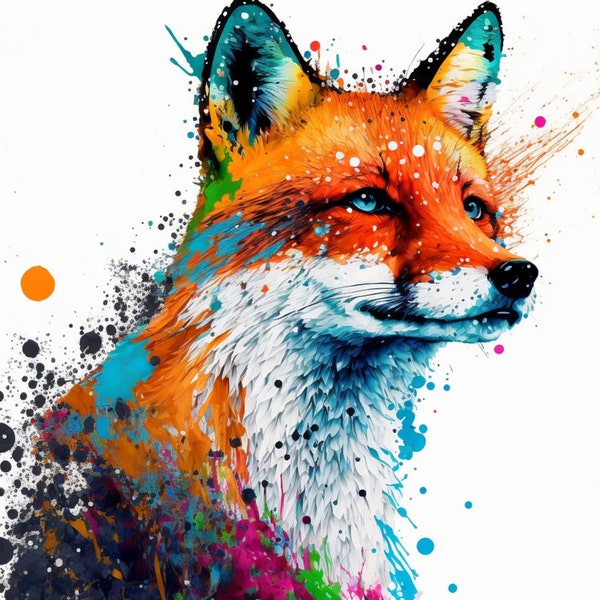 Fox Splatter Paint Digital Print - Modern Home Decor, Bold Colors, Instant Download, Printable Wall Art, Fox Poster, Digital Art Print