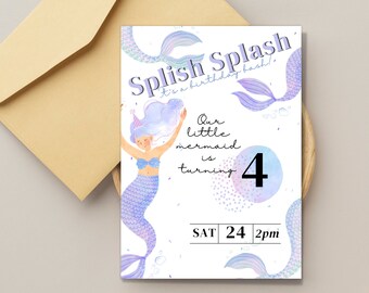 May include: A mermaid-themed birthday invitation with a watercolor illustration of a purple mermaid with a crown and a party hat. The text reads "Splish Splash It's a birthday bash!" and "Our little mermaid is turning 4". The date and time of the party are listed as "SAT 24 2pm".