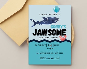 Jawsome Birthday Party Invitation | Shark Theme Birthday Invitation | Digital | Editable | Printable | Nautical Birthday