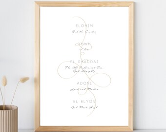 Hebrew Names of God Poster | Digital Download | Christian Wall Art Printable | Elohim, YHWH, El Shaddai, Adoni, El Elyon