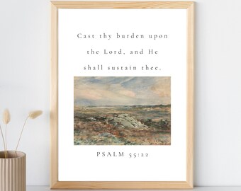 Póster Echa tu carga sobre el Señor / Salmo 55:22 / Descarga digital / Póster de versículos bíblicos / Escritura / Versión King James