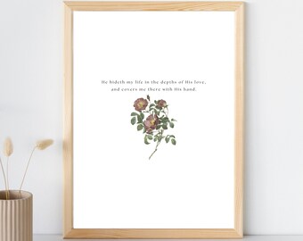 Depths of His Love Poster | He Hideth My Soul Hymn Lyrics | Digital Download | Vintage Christian Wall Art Printable | Vintage Roses Art