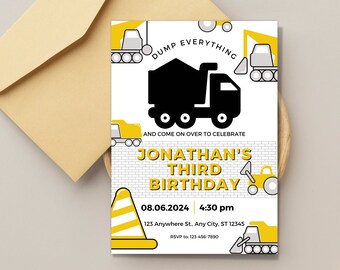 Construction Vehicle Birthday Party Invitation | Digital | Editable | Printable | Dump Truck Birthday Party Invitation
