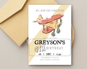 Airplane Birthday Party Invitation | My How the Time Flies Birthday Invitation Template | Digital | Editable ANY AGE | Printable