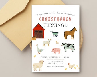 Invitation de fête d'anniversaire d'animaux de la ferme | Numérique | Modifiable à tout âge | Imprimable | Thème d'anniversaire de fêtards | Inviter Eviter