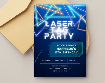Laser Tag Birthday Party Invitation | Neon Blue Green Glow | Digital | Editable | Printable