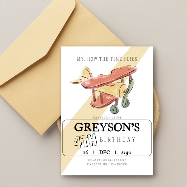 Airplane Birthday Party Invitation | My How the Time Flies Birthday Invitation Template | Digital | Editable | Printable