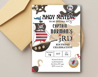 Pirate Birthday Party Invitation | Editable ANY AGE | Ahoy Matey Invitation Template | Treasure Map Invitation | Digital | Printable