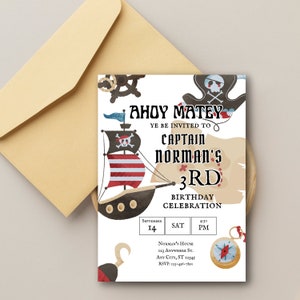 Invitación a fiesta de cumpleaños pirata / Editable CUALQUIER EDAD / Plantilla de invitación Ahoy Matey / Invitación al mapa del tesoro / Digital / Imprimible