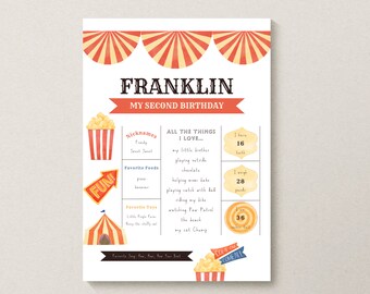 Carnival Circus Birthday Milestone Sign | Second Third Fourth Birthday Milestone Poster | Digital Download |  Editable | Printable