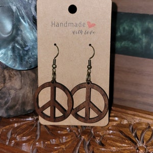 Peace Sign- Walnut. Super Lightweight-Lazer Cut Wood, Dangle Earrings