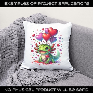 Puede incluir: Coj&iacute;n cuadrado blanco con un ajolote de dibujos animados sosteniendo un coraz&oacute;n y globos. El ajolote es verde con branquias rojas y est&aacute; rodeado de corazones. El coj&iacute;n est&aacute; sobre un sof&aacute; gris. El texto en la parte superior dice "EXAMPLES OF PROJECT APPLICATIONS".