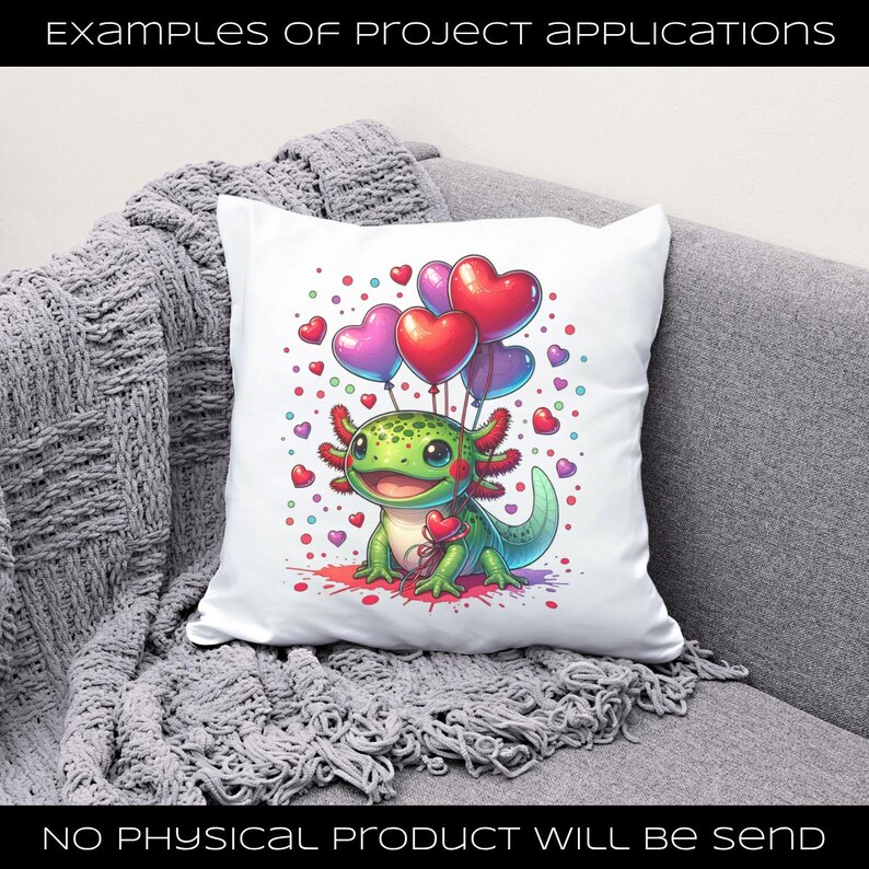 Puede incluir: Coj&iacute;n cuadrado blanco con un ajolote de dibujos animados sosteniendo un coraz&oacute;n y globos. El ajolote es verde con branquias rojas y est&aacute; rodeado de corazones. El coj&iacute;n est&aacute; sobre un sof&aacute; gris. El texto en la parte superior dice "EXAMPLES OF PROJECT APPLICATIONS".
