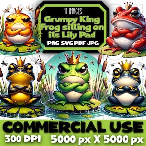 Rei Sapo rabugento sentado em Lily Pad arquivo de imagem png png clipart pdf download digital jpeg pacote de animais POD sapos clip art download instantâneo