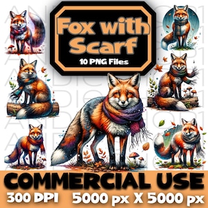 Renard avec écharpe PNG | Clipart numérique à téléchargement immédiat | Fichiers POD pour sublimation | Images mignonnes de renard d'hiver, aquarelle de renard des bois png