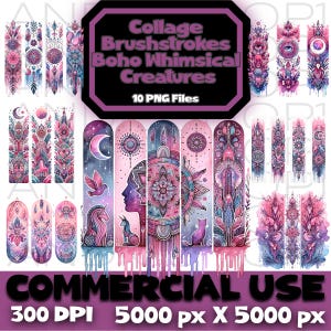 Collage penseelstreken Boho grillige wezens bundel PNG, digitale Instant Download clipart, sublimatie POD-bestanden, boho-afbeeldingen, fantastisch